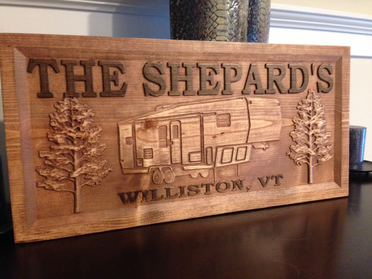 Wood Carved Camper Sign, 7 Pattern Choices, Handmade Sign, Personalized